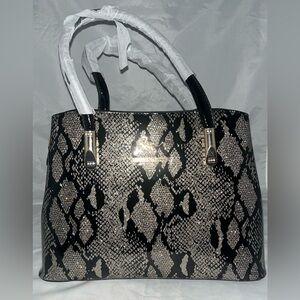 Elegant Black Patent Tote with Glitter Snake Print & Vertical Stripe Back